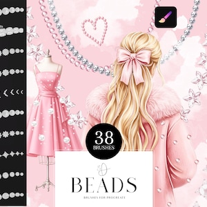 Könnte beinhalten: Digitales Kunstwerk mit einem rosa Thema, das ein Kleid, eine Frau mit blonden Haaren und Perlen- und Diamantdesigns zeigt. Der Text "38 BRUSHES" und "BEADS BRUSHES FOR PROCREATE" ist ebenfalls enthalten.