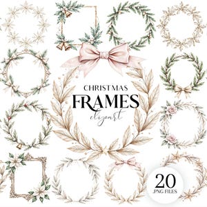 Vintage Christmas Frames Clipart, 20 PNG Beige Gold Wreath Designs, Elegant Holiday Sublimation