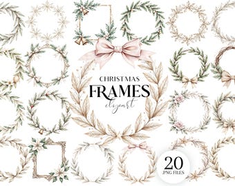 May include: A collection of 20 PNG files featuring watercolor Christmas frames. The frames include wreaths, bows, and floral elements in shades of green, gold, and cream. The text "CHRISTMAS FRAMES clipart" is displayed in the center of the image.