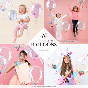 Puede incluir: 40 superposiciones de fotos de globos de confeti arcoíris. Un conjunto de 40 imágenes digitales de globos transparentes con confeti. Los globos son de varios tamaños y posiciones. Las imágenes son adecuadas para usar como superposiciones de fotos.