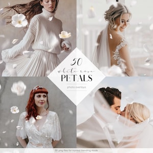 May include: A composite image featuring four photos with white rose petals. The central graphic reads "50 white rose petals photo overlays." The photos show people in white clothing, including a bride and a couple kissing. The text "50 .png files for normal blending mode" is at the bottom.