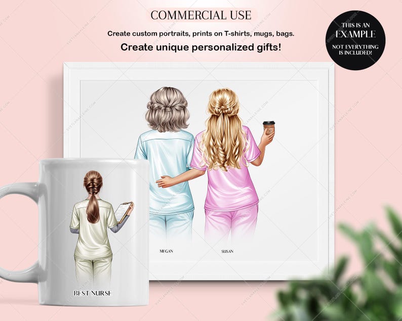 Puede incluir: Una taza blanca con un dise&ntilde;o de dos mujeres con batas. El texto "BEST NURSE" est&aacute; impreso en la taza. Las mujeres llevan batas de color azul claro y rosa. La taza es un gran regalo para una enfermera.