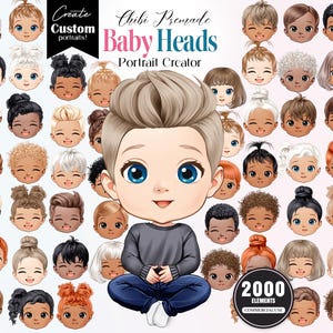 Może przedstawiać: Cyfrowa grafika przedstawiająca kolekcję głów chibi dla dzieci z różnymi fryzurami i odcieniami skóry. Obraz zawiera centralną ilustrację dziecka z niebieskimi oczami oraz tekst "Create Custom Portraits!" i "Chibi Premade Baby Heads Portrait Creator".