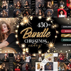 Peut inclure: Image promotionnelle d'un ensemble de superpositions de Noël. Le texte central indique "450+ Bundle Christmas Overlays" en lettres dorées. L'image comprend des catégories telles que guirlandes, bokeh, confettis et étincelles, avec divers éléments festifs.
