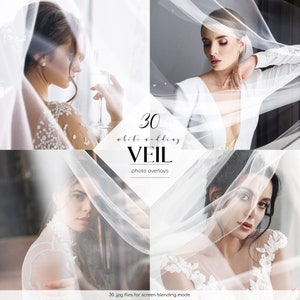 May include: 30 white wedding veil photo overlays. The image shows three different brides wearing white veils. The veils are sheer and flowy, and they are perfect for adding a touch of elegance to any wedding photo.