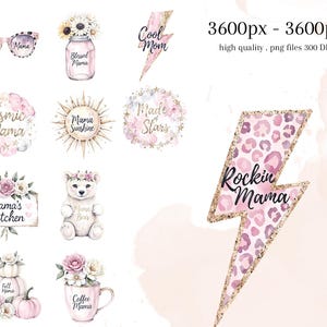 K&ouml;nnte beinhalten: Eine Sammlung von Aquarellillustrationen zum Thema "Mama". Enth&auml;lt Sonnenbrillen, ein Einmachglas mit Sonnenblumen, Blitze und Blumenarrangements. Texte umfassen "Hot Mama", "Cool Mom" und "Rockin Mama".