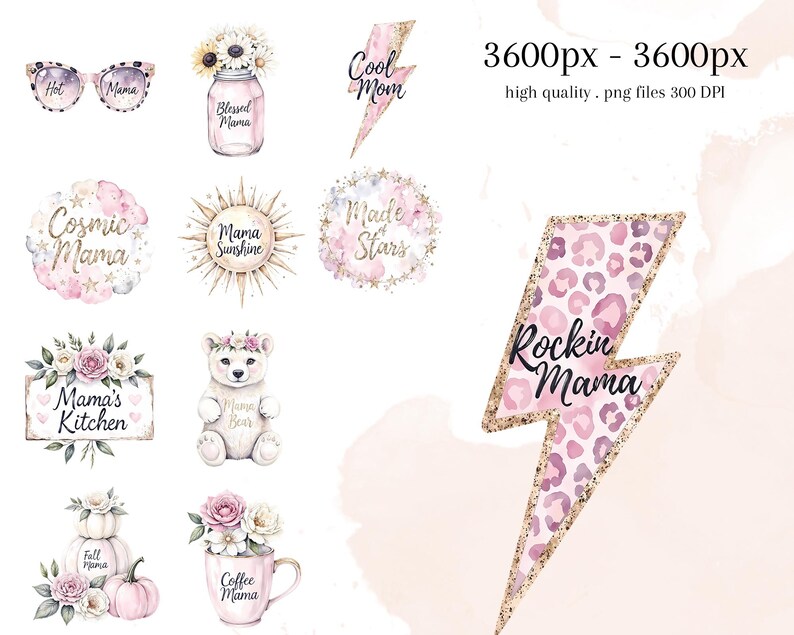 K&ouml;nnte beinhalten: Eine Sammlung von Aquarellillustrationen zum Thema "Mama". Enth&auml;lt Sonnenbrillen, ein Einmachglas mit Sonnenblumen, Blitze und Blumenarrangements. Texte umfassen "Hot Mama", "Cool Mom" und "Rockin Mama".