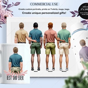 Pu&ograve; includere: Una tazza bianca con un disegno di quattro uomini in piedi in fila, con il testo "BEST DAD EVER" in basso. Gli uomini indossano camicie e pantaloncini di diversi colori. La tazza &egrave; un'idea regalo personalizzata.