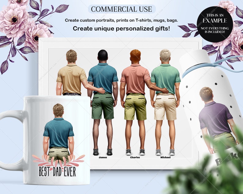 Pu&ograve; includere: Una tazza bianca con un disegno di quattro uomini in piedi in fila, con il testo "BEST DAD EVER" in basso. Gli uomini indossano camicie e pantaloncini di diversi colori. La tazza &egrave; un'idea regalo personalizzata.