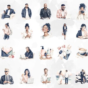 May include: Watercolour illustrations of diverse people in various settings. The images include people using laptops, holding coffee cups, and posing. Other images include a handbag, beauty products, and a couple.