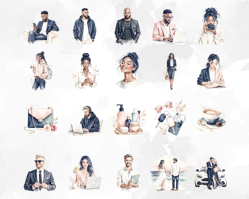 May include: Watercolour illustrations of diverse people in various settings. The images include people using laptops, holding coffee cups, and posing. Other images include a handbag, beauty products, and a couple.