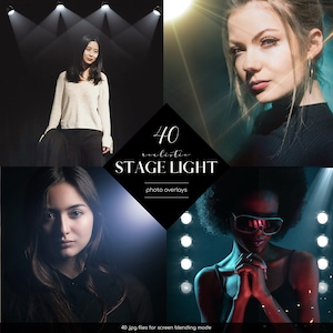 May include: 40 realistic stage light photo overlays for screen blending mode. The overlays are in various colors and shapes, including spotlights, beams, and glows.