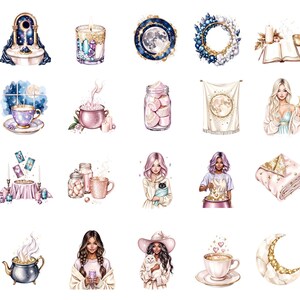 May include: A collection of watercolor illustrations featuring celestial and mystical themes. The images include a moon, candles, a teacup, a cauldron, a blanket, and women. The color palette includes blues, pinks, and gold accents.