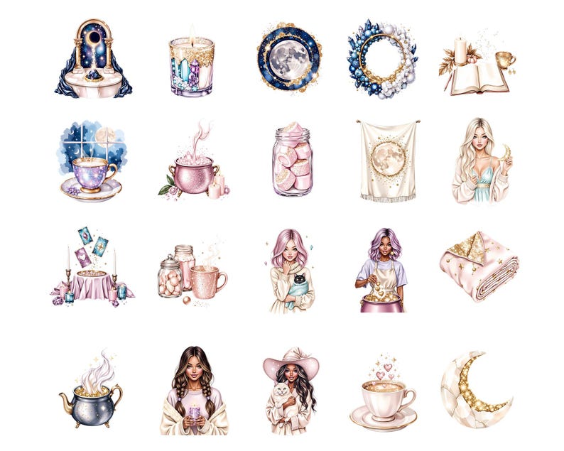 May include: A collection of watercolor illustrations featuring celestial and mystical themes. The images include a moon, candles, a teacup, a cauldron, a blanket, and women. The color palette includes blues, pinks, and gold accents.
