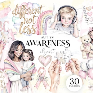 Könnte beinhalten: Eine digitale Kunstsammlung zum Thema Autismus-Aufklärung. Das Bild zeigt Illustrationen von Kindern, Puzzleteilen, Herzen und den Texten "different not less" und "Autism Awareness". Die Farbpalette umfasst Pastelltöne und goldene Akzente.