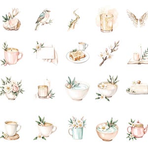 May include: Watercolor illustrations of various objects, including a bird, candles, flowers, teacups, and a teapot. The images have a soft, pastel color palette with delicate details, creating a serene and elegant aesthetic.