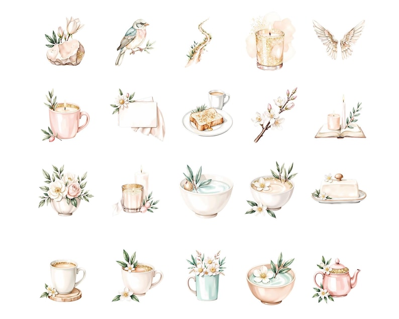 May include: Watercolor illustrations of various objects, including a bird, candles, flowers, teacups, and a teapot. The images have a soft, pastel color palette with delicate details, creating a serene and elegant aesthetic.