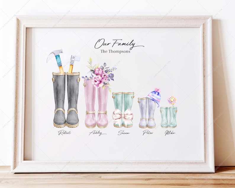 May include: A white framed print with the text "Our Family The Thompsons" and a watercolor illustration of five pairs of rain boots with names below each pair: Robert, Abby, Susan, Peter, and Mike.