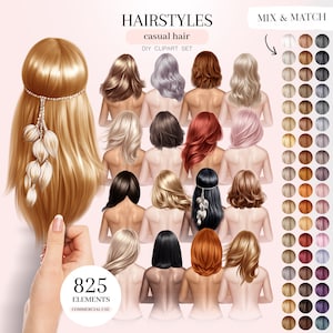 カジュアルなヘア クリップアート、ミディアム ヘアスタイルとロング ヘアスタイルのイラスト、女性のヘア PNG グラフィックス
