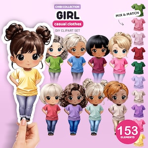 Casual Little Girls Clipart, Custom Doll Creator, Girls PNG, Personalized Portrait, Customizable Clipart, Chibi Graphics