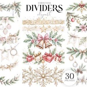 Könnte beinhalten: Aquarell-Weihnachtstrenner-Clipart mit festlichen Elementen. Das Bild zeigt verschiedene dekorative Bordüren, darunter Girlanden, Geschenkboxen, Glocken und Sterne. Die Farbpalette umfasst Gold, Rot, Rosa und Grün, perfekt für Designs zum Thema Feiertage. Der Text "CHRISTMAS DIVIDERS clipart" ist sichtbar.
