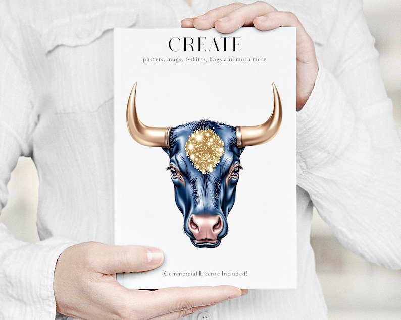 Pode incluir: Um cart&atilde;o branco segurado por uma pessoa apresenta uma ilustra&ccedil;&atilde;o detalhada da cabe&ccedil;a de um touro. O touro tem um rosto azul escuro, um nariz rosa e chifres dourados. O cart&atilde;o diz "CREATE" com texto abaixo indicando os produtos dispon&iacute;veis.