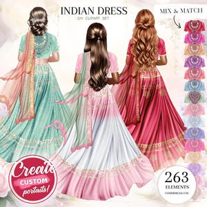 May include: A digital clipart set of Indian dress illustrations. The set includes 5 skin tones, 263 elements, and a mix and match option. The image shows three women wearing different styles of Indian dresses.