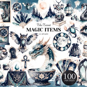 May include: Watercolor clipart set featuring various magic items. Includes an owl, dragon, skull, tarot cards, and a black swan. The text "The Tarot Magic Items Clipart" is visible. The set contains 100 .PNG files.
