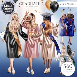 May include: A digital clipart set for creating custom graduation portraits. The set includes 5 skin tones, 560 elements, and a mix and match design. The image shows four graduates wearing caps and gowns, with one holding a diploma. The text "GRADUATED!" and "DIY CLIPART SET" is visible.