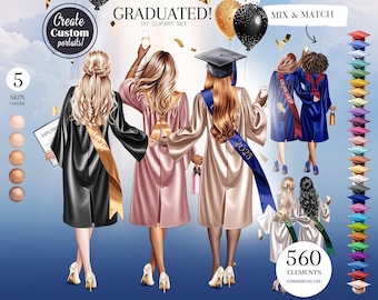 Graduation Girls Clipart, Students Clip Art, Schoolgirls, Caps and Gowns Clipart, Custom Gift, Personalized Portrait