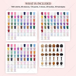 Puede incluir: Una ilustraci&oacute;n digital de una variedad de ropa y peinados. La imagen muestra 198 camisetas, 80 mangas, 134 pantalones, 3 zapatos, 20 cuerpos y 30 peinados.