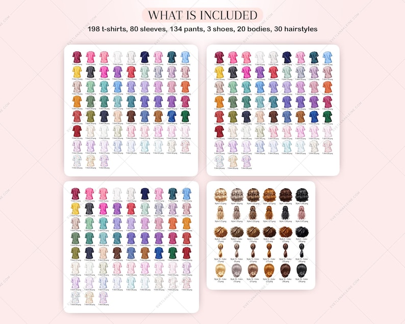 Puede incluir: Una ilustraci&oacute;n digital de una variedad de ropa y peinados. La imagen muestra 198 camisetas, 80 mangas, 134 pantalones, 3 zapatos, 20 cuerpos y 30 peinados.