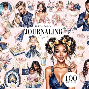Pode incluir: Coleção de arte digital com ilustrações de pessoas, objetos e elementos decorativos em tons de blush, azul marinho e dourado. O texto "BLUSH NAVY JOURNALING clipart" é visível. Contém 100 arquivos .PNG.