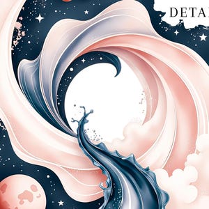 Pode incluir: Ilustra&ccedil;&atilde;o digital abstrata com um design em espiral em tons de rosa, azul e branco sobre um fundo azul escuro. A obra inclui estrelas, um planeta e a palavra "DETAILS".