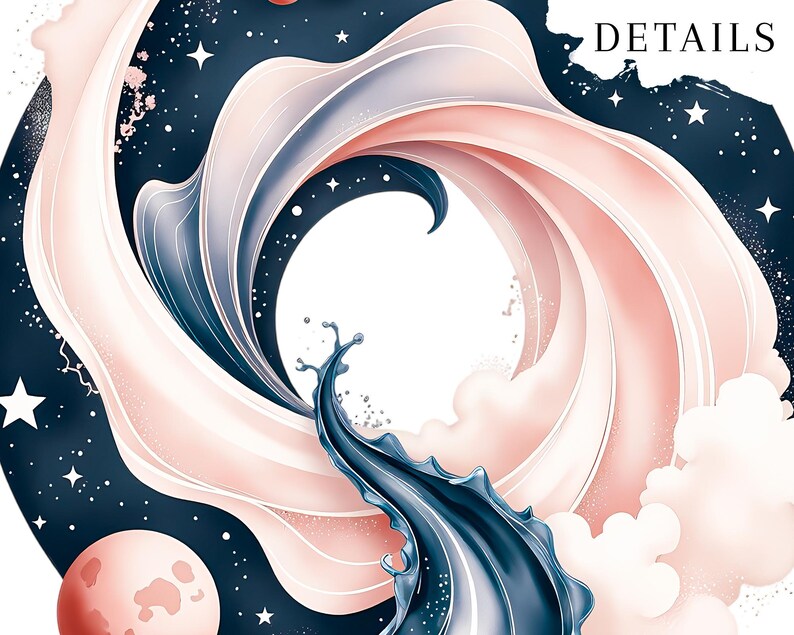 Pode incluir: Ilustra&ccedil;&atilde;o digital abstrata com um design em espiral em tons de rosa, azul e branco sobre um fundo azul escuro. A obra inclui estrelas, um planeta e a palavra "DETAILS".