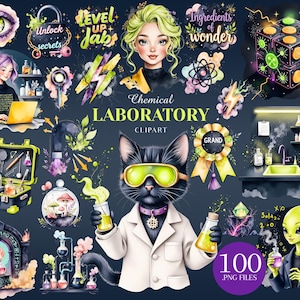 Może przedstawiać: Kolekcja sztuki cyfrowej z ilustracjami o tematyce naukowej. Zawiera czarnego kota w fartuchu laboratoryjnym, kobietę z zielonymi włosami, sprzęt laboratoryjny i tekst "Chemical Laboratory Clipart".