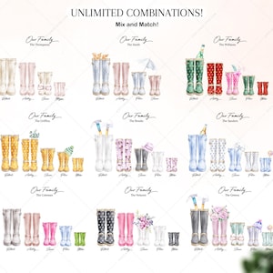 May include: A digital illustration of nine different family portraits featuring watercolor-style rain boots. Each portrait has a family name and the names of the family members. The text "Our Family" and "Unlimited Combinations! Mix and Match!" is at the top of the image.