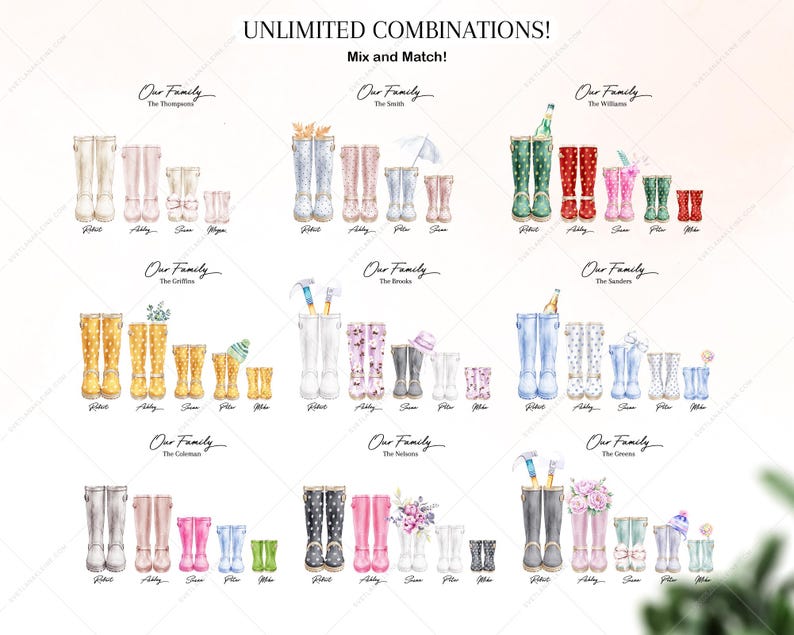 May include: A digital illustration of nine different family portraits featuring watercolor-style rain boots. Each portrait has a family name and the names of the family members. The text "Our Family" and "Unlimited Combinations! Mix and Match!" is at the top of the image.
