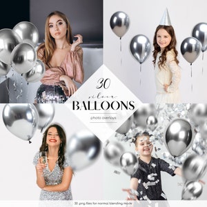 Pode incluir: 30 sobreposições de balões prateados para fotos. Os balões são brilhantes e metálicos. A imagem mostra vários balões em diferentes posições e ângulos.