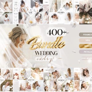 Peut inclure: Image promotionnelle pour les superpositions de mariage, avec une femme blonde voilée. L'image comprend des exemples de photos avec des superpositions, telles que des ailes, des voiles, des cadres et des pétales. Le texte indique "400+ Bundle Wedding Overlays."