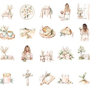 May include: Watercolor illustrations of various home decor and lifestyle elements. The images include a plate with flowers, a stack of towels on a stool, a mother and child, a loaf of bread, a woman, a candle, and a cross.