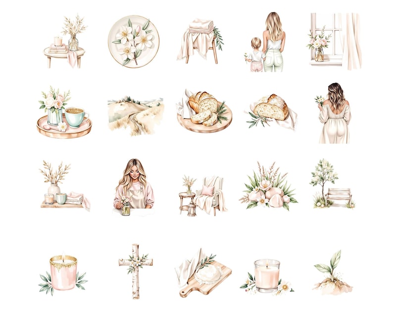 May include: Watercolor illustrations of various home decor and lifestyle elements. The images include a plate with flowers, a stack of towels on a stool, a mother and child, a loaf of bread, a woman, a candle, and a cross.