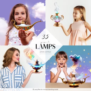 May include: A set of 35 digital photo overlays featuring genie lamps with colourful smoke and stars. The lamps are in various styles and colours, perfect for adding a magical touch to your photos.