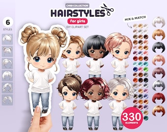 Chibi Girl Haar Clipart: Puppen Frisuren PNG Grafiken (Digitaler Download)