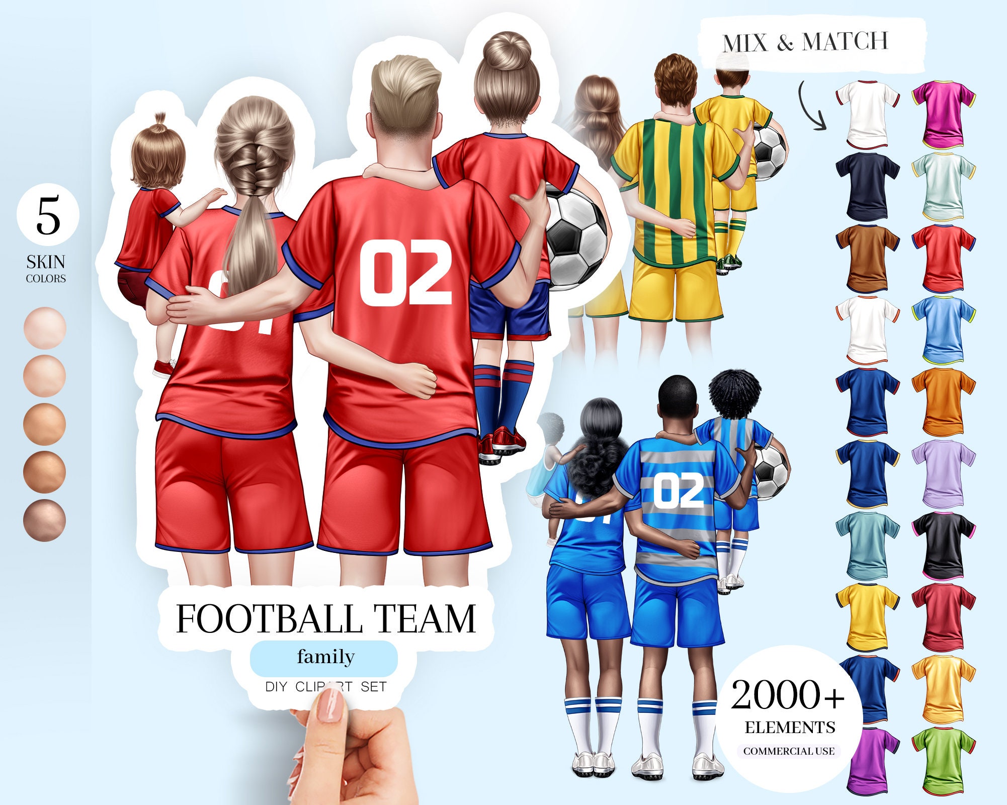 Fußballteam Familie Clipart-Set, über 2000 Elemente, 5 Hautfarben, benutzerdefinierte Clipart, Puppenersteller, Rückansicht, personalisiertes Geschenk