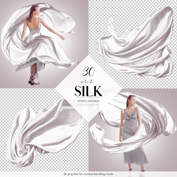 Flowing White Fabric Clipart, White Silk Photo Overlays, Textile in the Air, Cream Dress Overlays, Flowing Silk PNG, Airy Effect