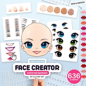Woman Face Creator Clipart, Chibi Portrait Creator, Lips, Eyes, Eyebrows, Anime Faces Clip Art, Personalized Head, Customizable Clipart