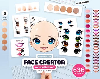 Woman Face Creator Clipart, Chibi Portrait Creator, Lips, Eyes, Eyebrows, Anime Faces Clip Art, Personalized Head, Customizable Clipart