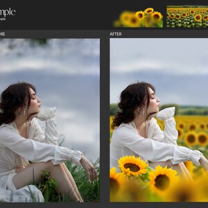 May include: A woman in a white dress sits in a field of sunflowers. The sunflowers are in full bloom and the sky is a light blue.