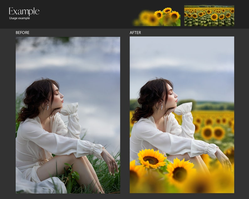 May include: A woman in a white dress sits in a field of sunflowers. The sunflowers are in full bloom and the sky is a light blue.